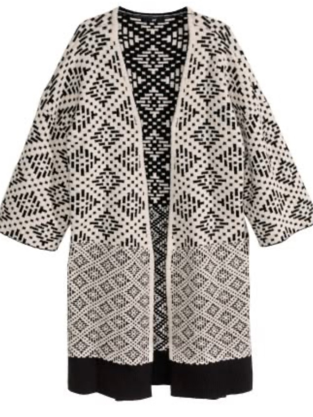 Womens H&M Cardigan Sweater Sz M Kimono Long Style Black Ivory Open Front Slits